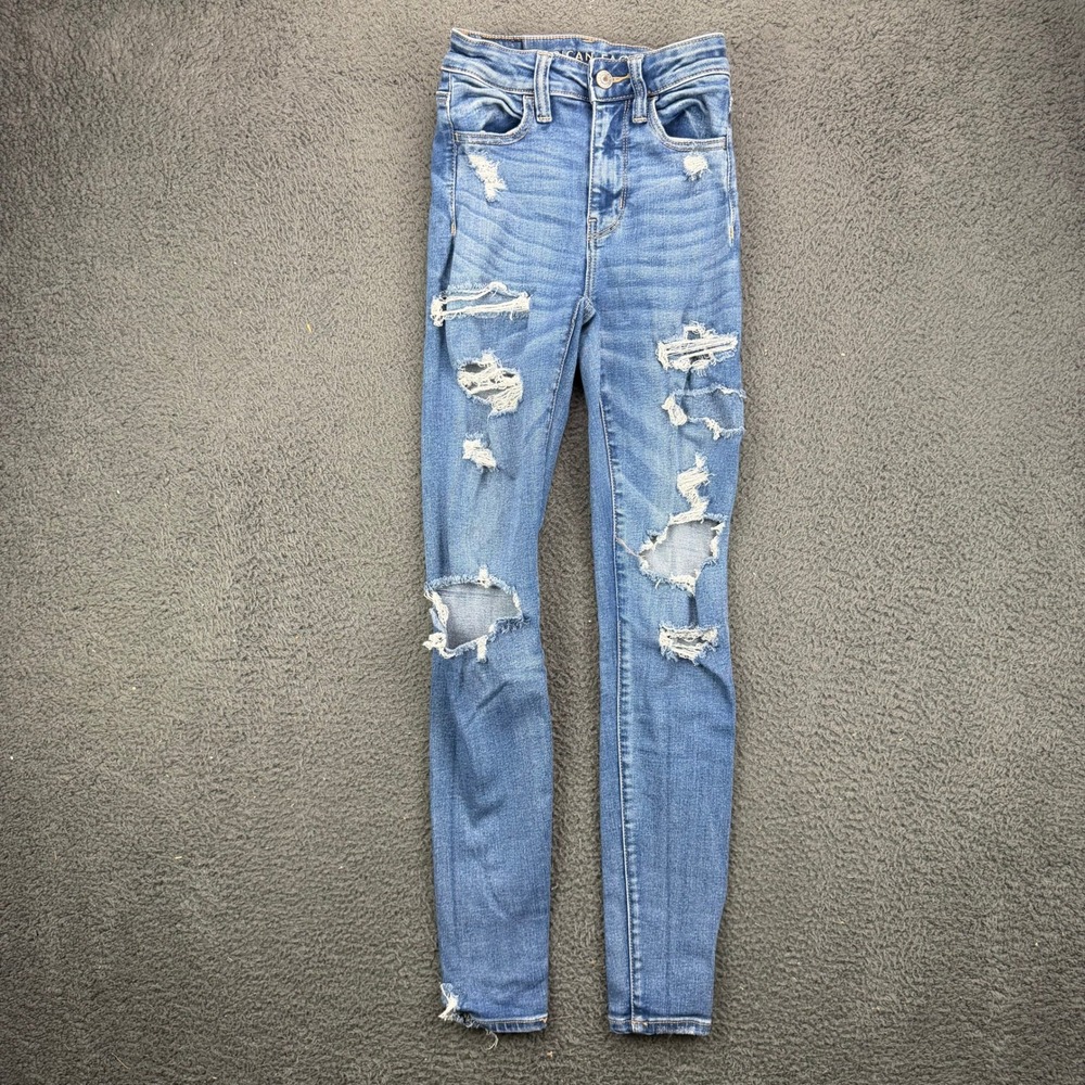 American Eagle Super Hi-Rise Jegging Stretch Blue‎ Distressed Jeans 000